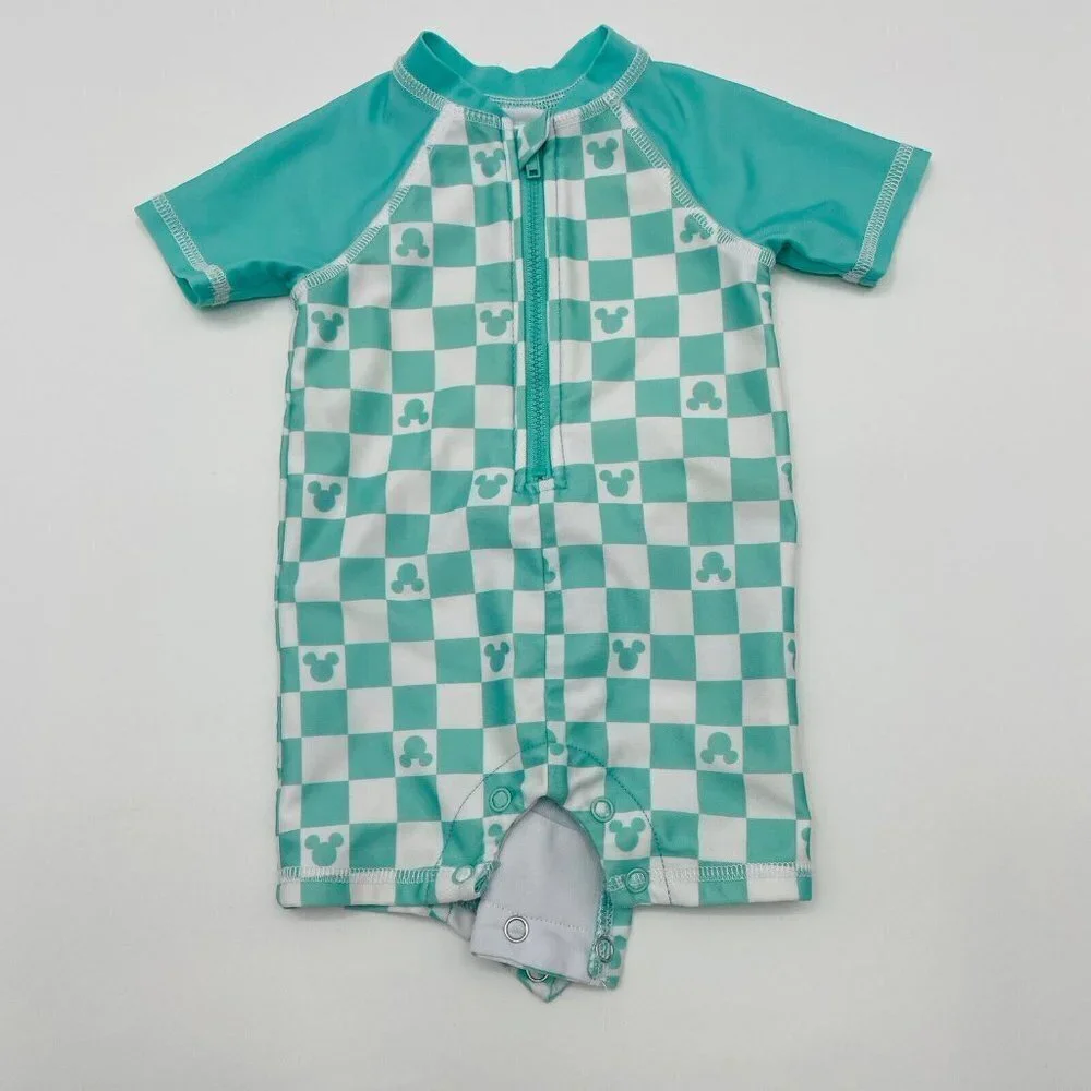 Disney Mickey Mouse Baby 3-6M Short Sleeve Rashguard Swimsuit 1 Piece Green 2156